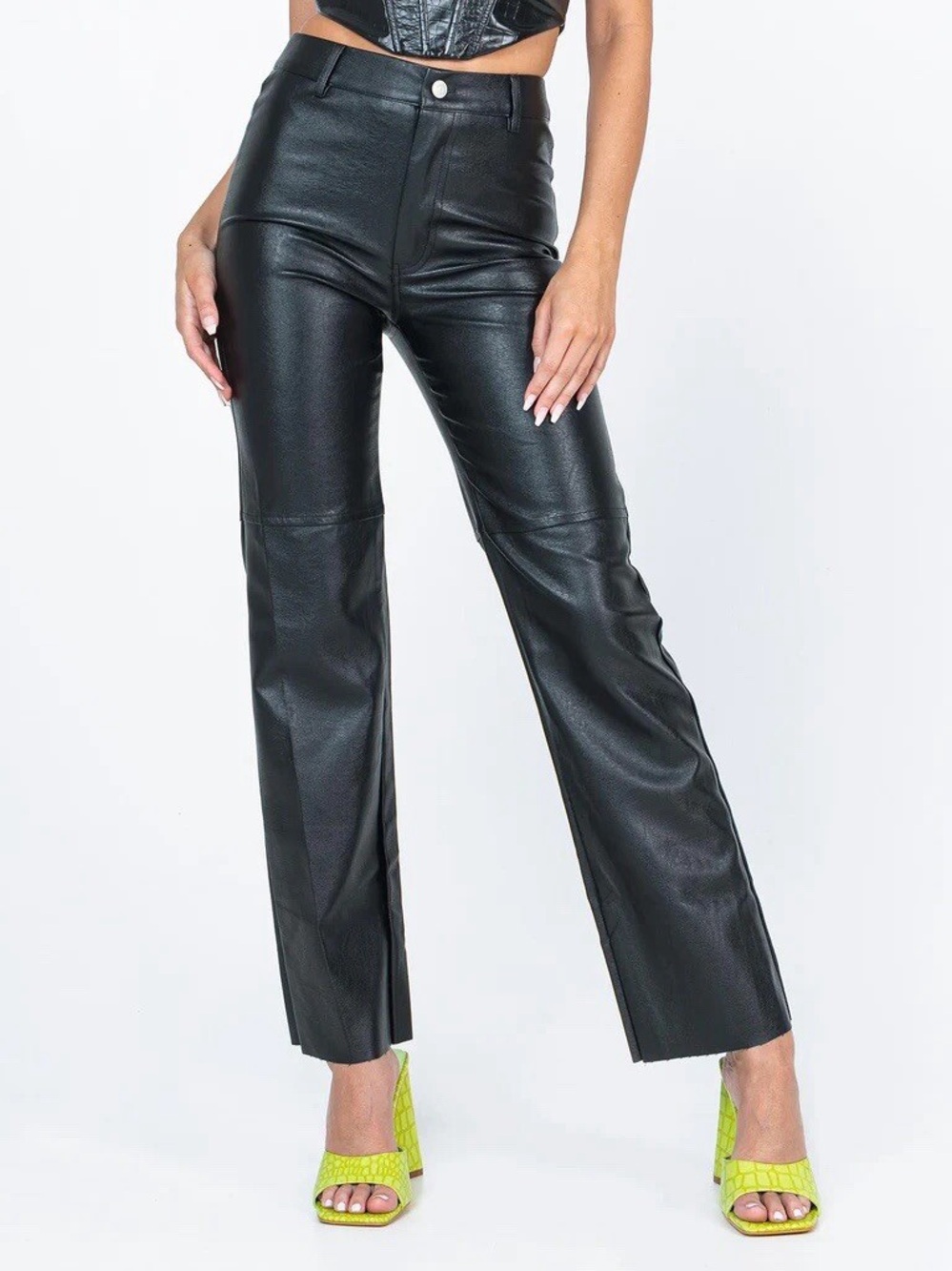 Princess Polly Macey Black High Rise Straight Leg Faux Leather Vegan Pants